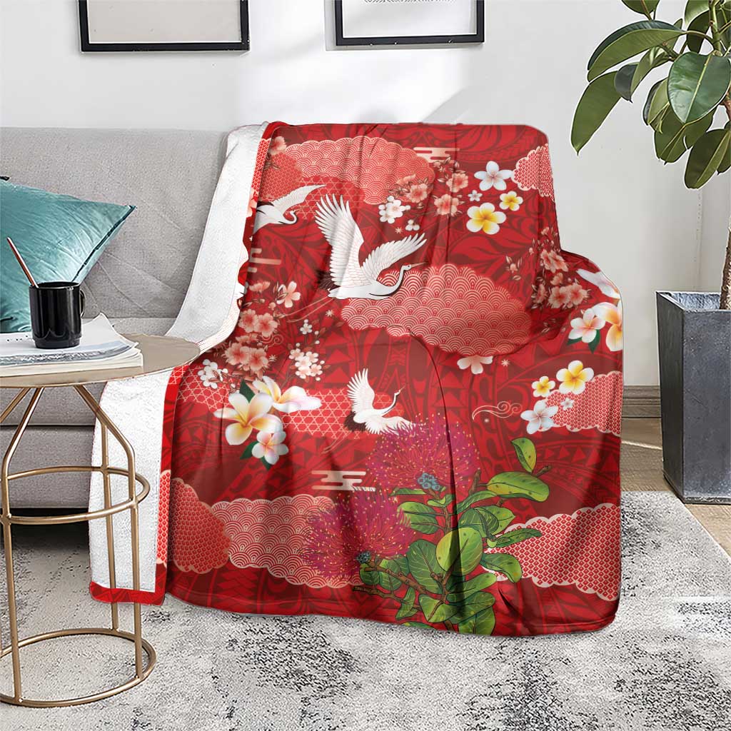 Hawaiian and Japanese Culture Together Blanket Red Ohia Lehua Plumeria and Sakura Blooming LT03 - Polynesian Pride