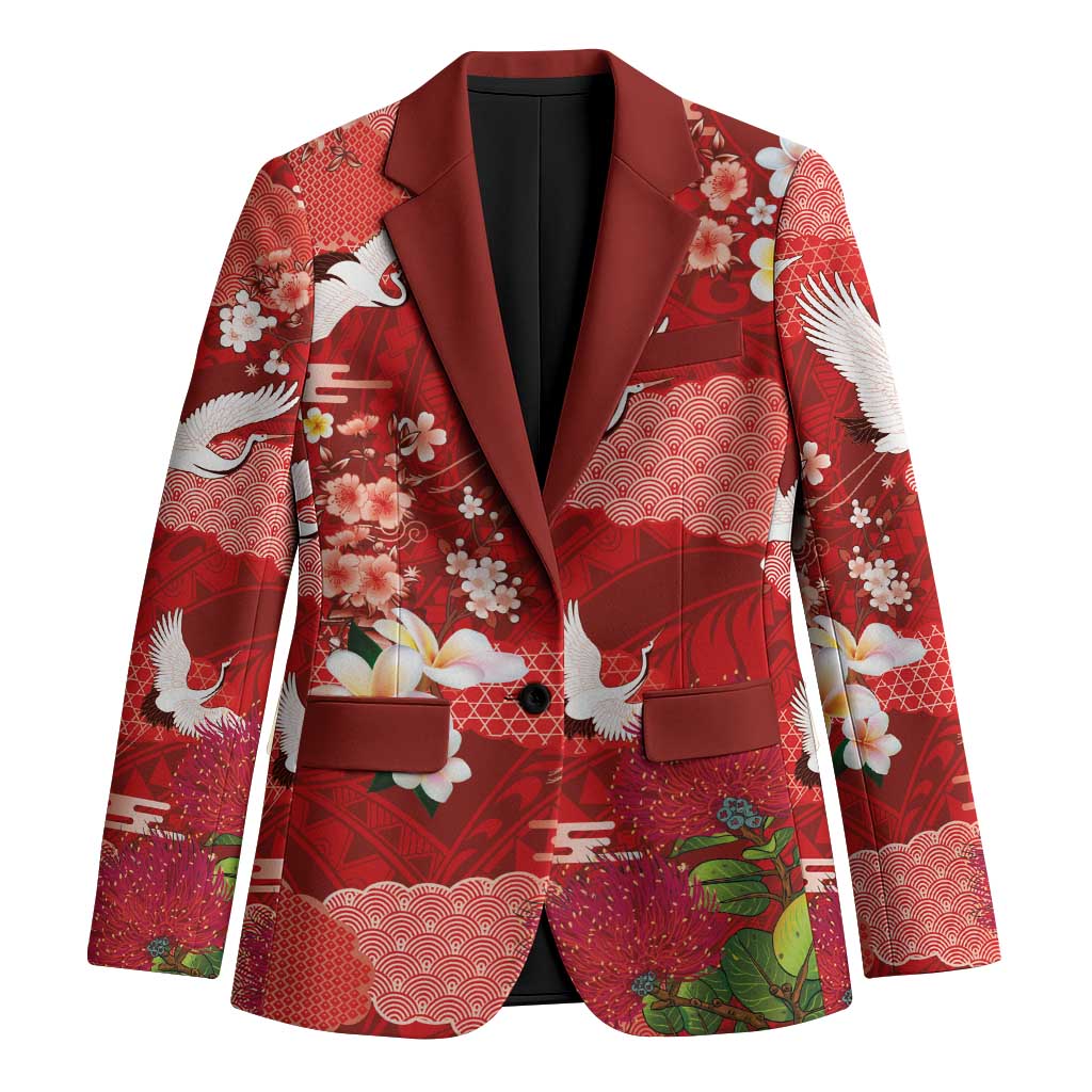 Hawaiian and Japanese Culture Together Blazer Red Ohia Lehua Plumeria and Sakura Blooming LT03 Unisex Red - Polynesian Pride