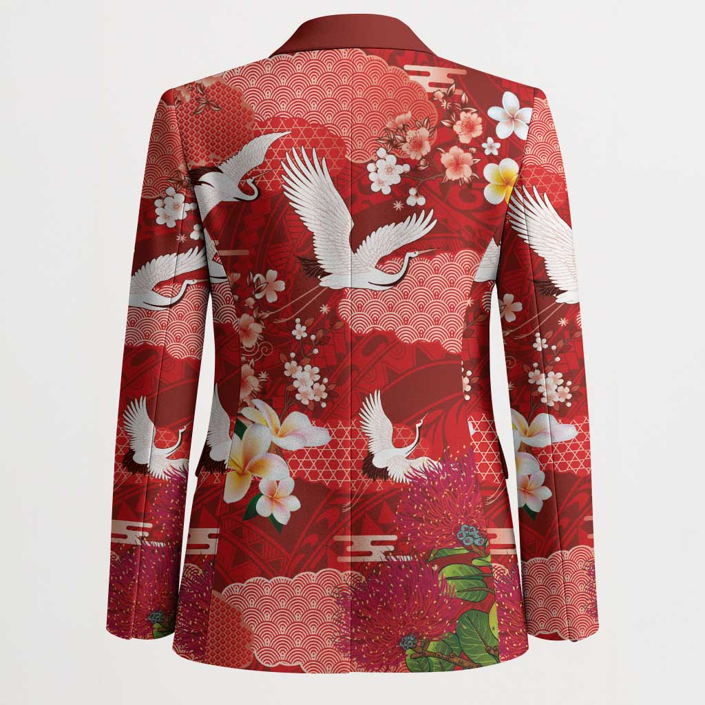 Hawaiian and Japanese Culture Together Blazer Red Ohia Lehua Plumeria and Sakura Blooming LT03 - Polynesian Pride