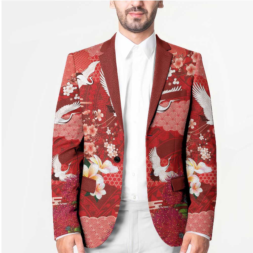 Hawaiian and Japanese Culture Together Blazer Red Ohia Lehua Plumeria and Sakura Blooming LT03 - Polynesian Pride