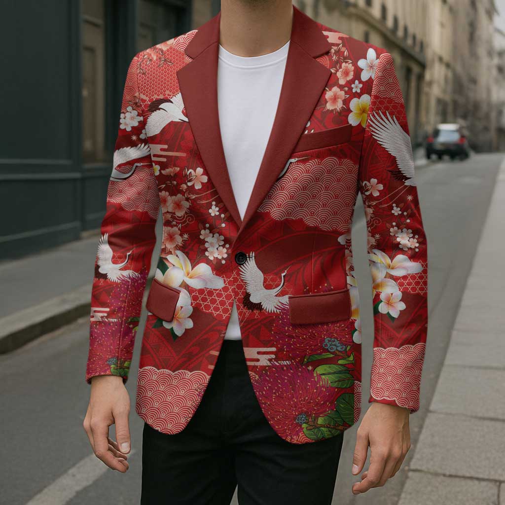 Hawaiian and Japanese Culture Together Blazer Red Ohia Lehua Plumeria and Sakura Blooming LT03 - Polynesian Pride