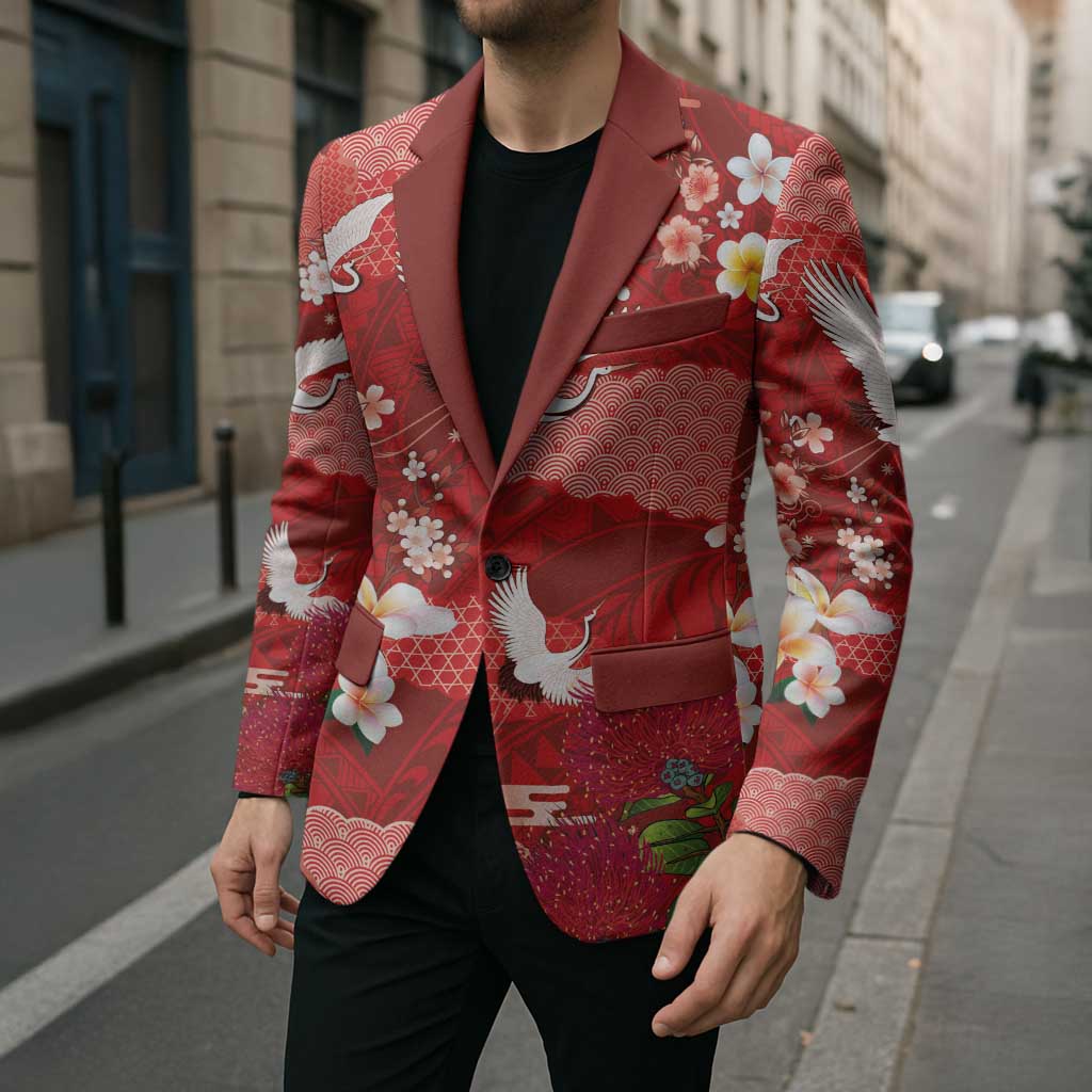 Hawaiian and Japanese Culture Together Blazer Red Ohia Lehua Plumeria and Sakura Blooming LT03 - Polynesian Pride