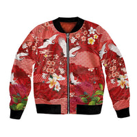 Hawaiian and Japanese Culture Together Bomber Jacket Red Ohia Lehua Plumeria and Sakura Blooming LT03 Unisex Red - Polynesian Pride