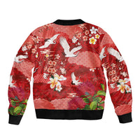 Hawaiian and Japanese Culture Together Bomber Jacket Red Ohia Lehua Plumeria and Sakura Blooming LT03 - Polynesian Pride