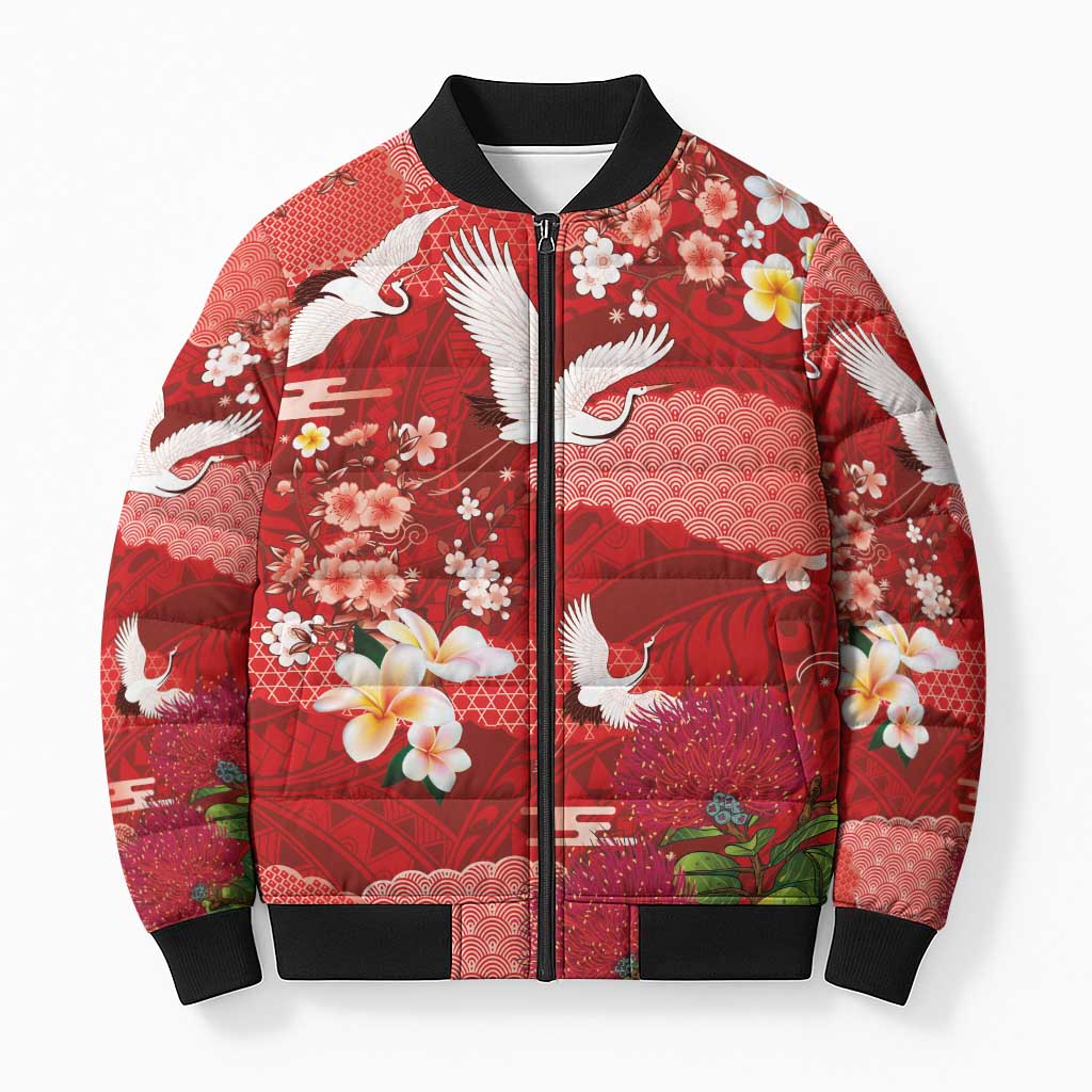 Hawaiian and Japanese Culture Together Bomber Puffer Jacket Red Ohia Lehua Plumeria and Sakura Blooming LT03 Unisex Red - Polynesian Pride