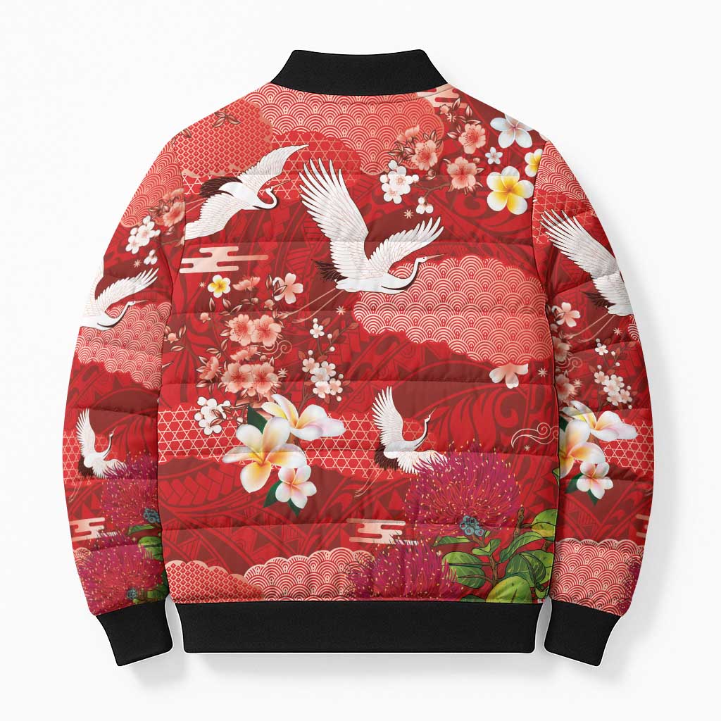 Hawaiian and Japanese Culture Together Bomber Puffer Jacket Red Ohia Lehua Plumeria and Sakura Blooming LT03 - Polynesian Pride