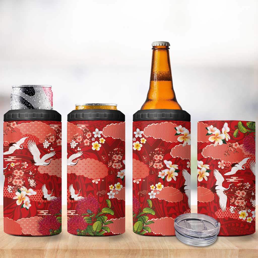 Hawaiian and Japanese Culture Together 4 in 1 Can Cooler Tumbler Red Ohia Lehua Plumeria and Sakura Blooming LT03 - Polynesian Pride