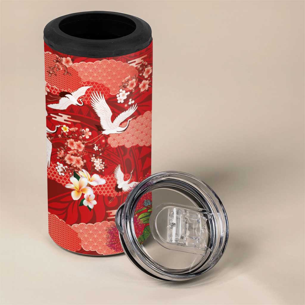 Hawaiian and Japanese Culture Together 4 in 1 Can Cooler Tumbler Red Ohia Lehua Plumeria and Sakura Blooming LT03 - Polynesian Pride