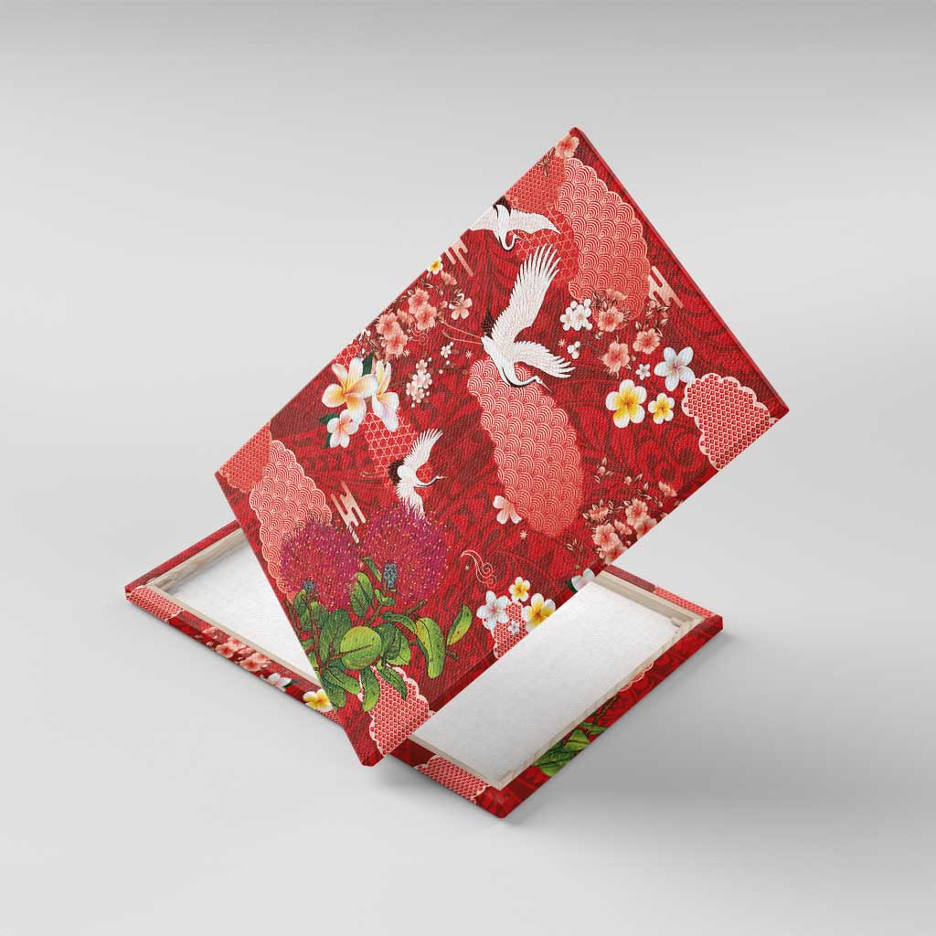 Hawaiian and Japanese Culture Together Canvas Wall Art Red Ohia Lehua Plumeria and Sakura Blooming LT03 With Frame Red - Polynesian Pride