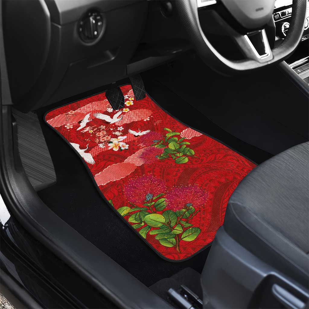 Hawaiian and Japanese Culture Together Car Mats Red Ohia Lehua Plumeria and Sakura Blooming LT03 - Polynesian Pride