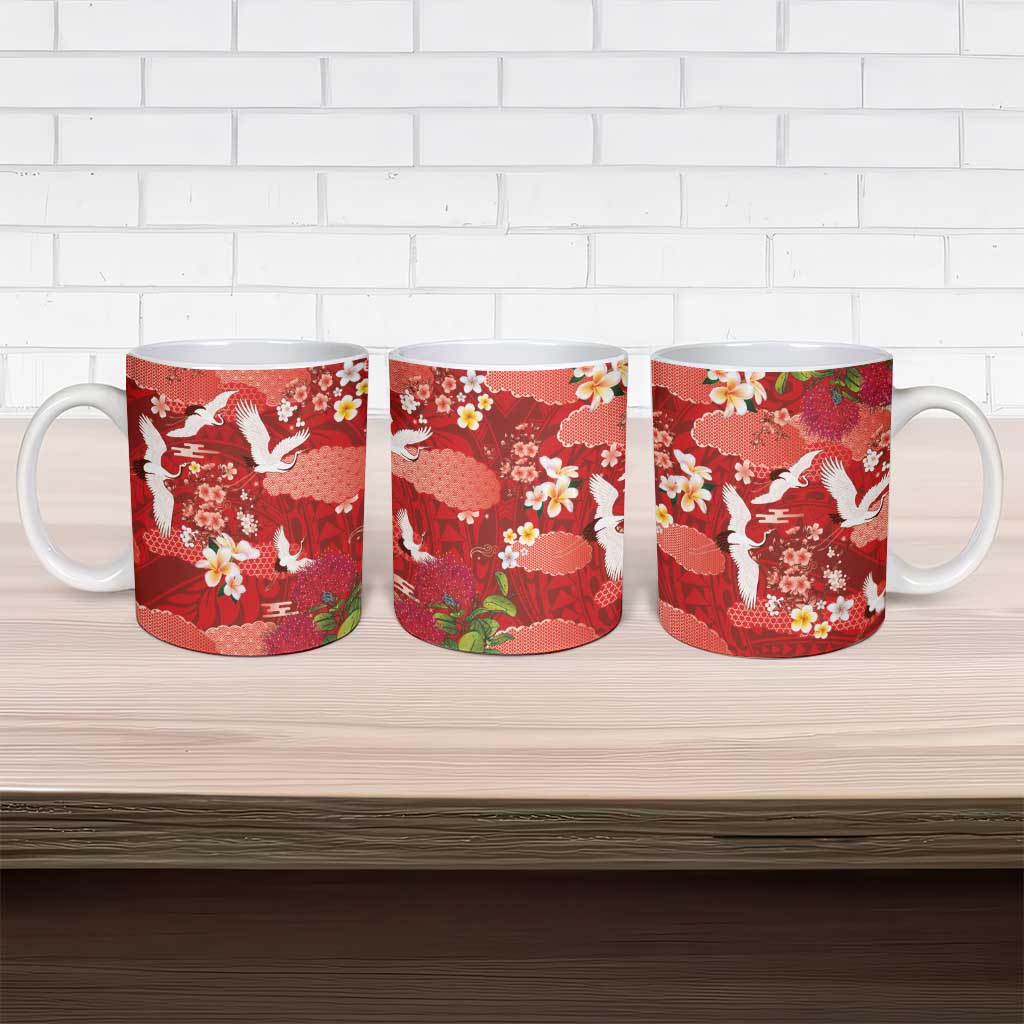 Hawaiian and Japanese Culture Together Ceramic Mug Red Ohia Lehua Plumeria and Sakura Blooming LT03 - Polynesian Pride