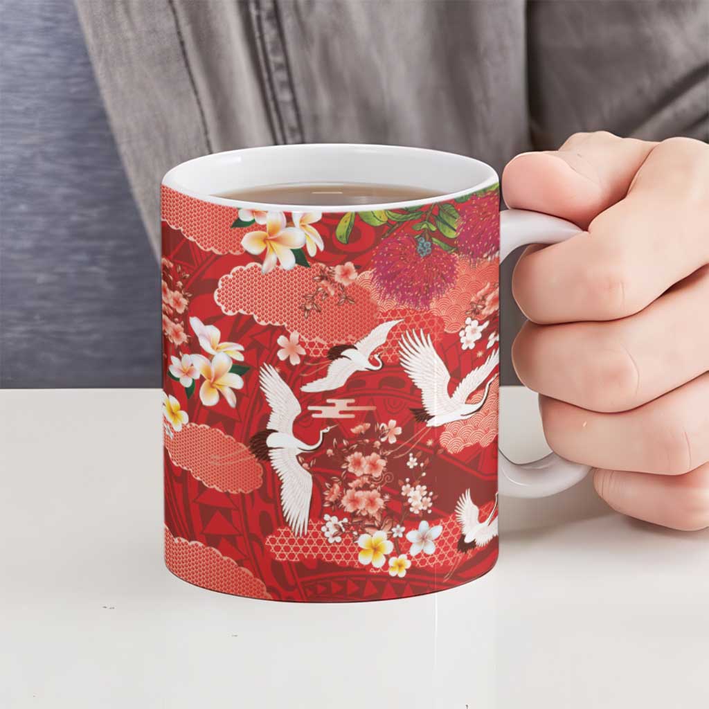 Hawaiian and Japanese Culture Together Ceramic Mug Red Ohia Lehua Plumeria and Sakura Blooming LT03 - Polynesian Pride