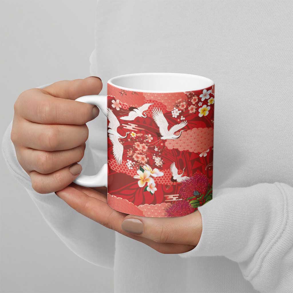Hawaiian and Japanese Culture Together Ceramic Mug Red Ohia Lehua Plumeria and Sakura Blooming LT03 - Polynesian Pride