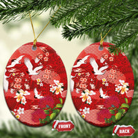 Hawaiian and Japanese Culture Together Ceramic Ornament Red Ohia Lehua Plumeria and Sakura Blooming LT03 Oval Red - Polynesian Pride
