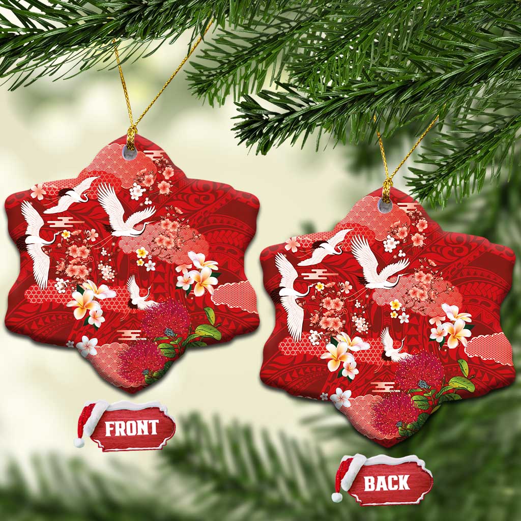 Hawaiian and Japanese Culture Together Ceramic Ornament Red Ohia Lehua Plumeria and Sakura Blooming LT03 Snow Flake Red - Polynesian Pride