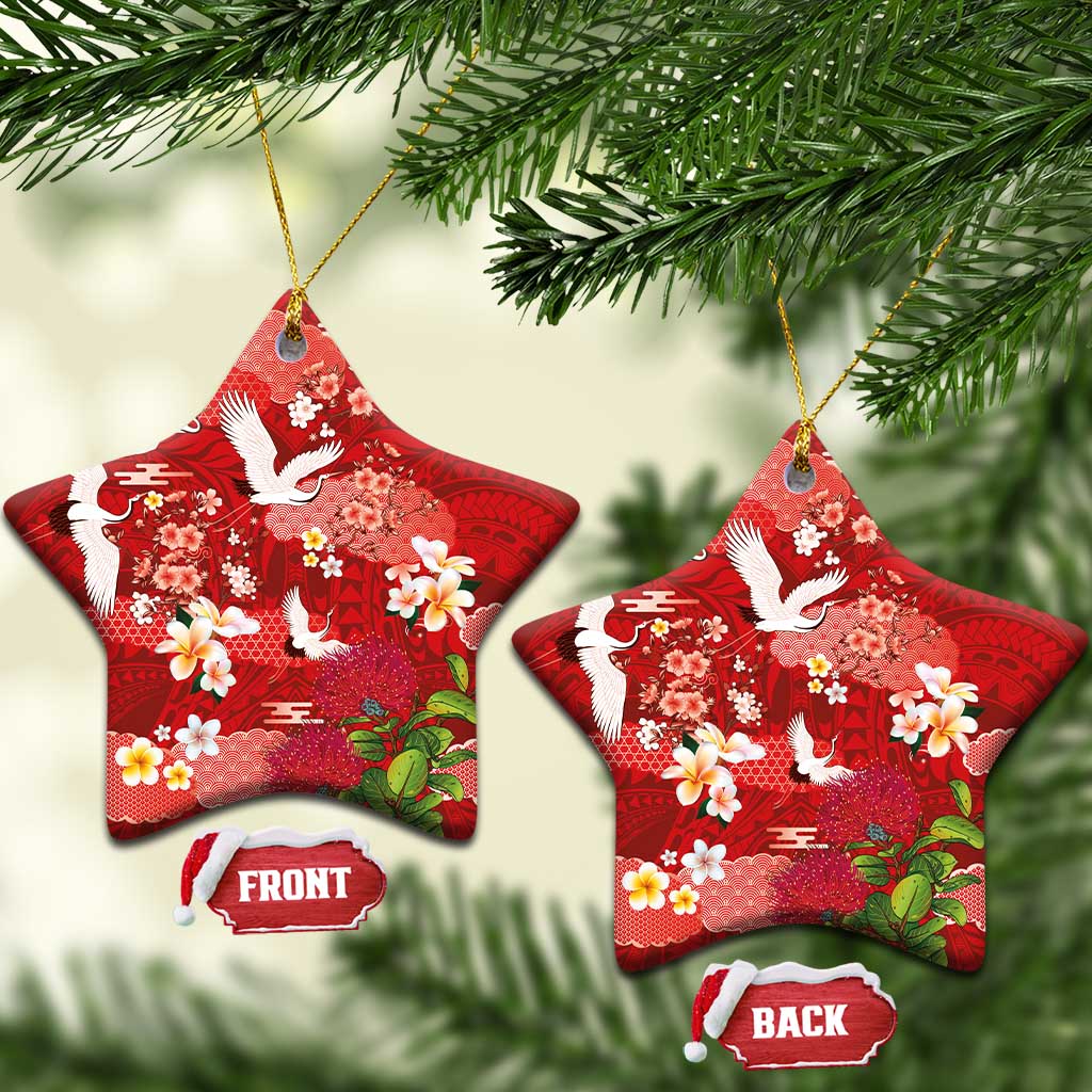 Hawaiian and Japanese Culture Together Ceramic Ornament Red Ohia Lehua Plumeria and Sakura Blooming LT03 Star Red - Polynesian Pride