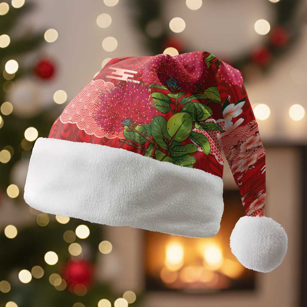 Hawaiian and Japanese Culture Together Christmas Santa Hat Red Ohia Lehua Plumeria and Sakura Blooming LT03 Without Fur Red - Polynesian Pride