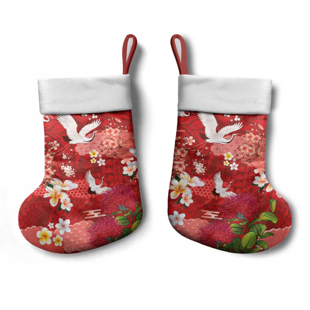 Hawaiian and Japanese Culture Together Christmas Stocking Red Ohia Lehua Plumeria and Sakura Blooming LT03 - Polynesian Pride