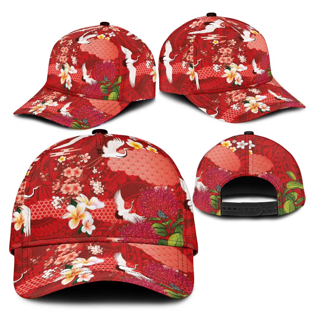 Hawaiian and Japanese Culture Together Classic Cap Red Ohia Lehua Plumeria and Sakura Blooming LT03 - Polynesian Pride