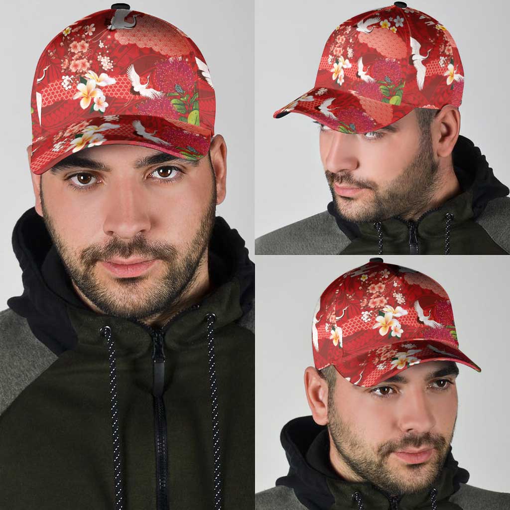 Hawaiian and Japanese Culture Together Classic Cap Red Ohia Lehua Plumeria and Sakura Blooming LT03 - Polynesian Pride
