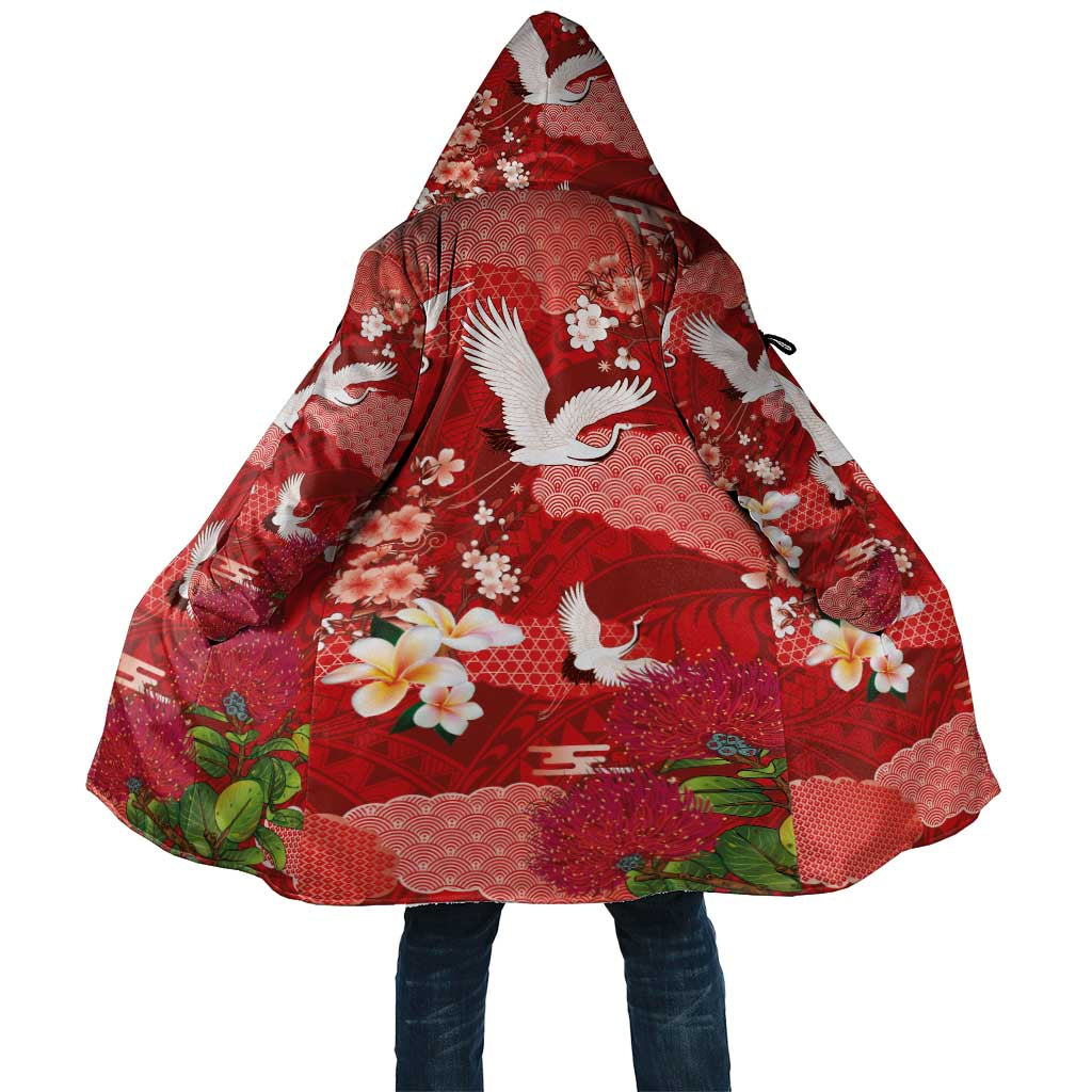 Hawaiian and Japanese Culture Together Cloak Red Ohia Lehua Plumeria and Sakura Blooming - Polynesian Pride
