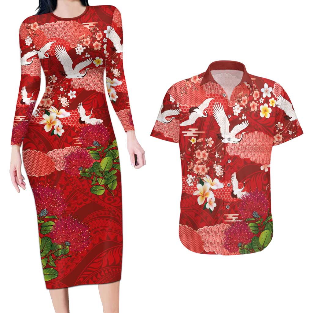 Hawaiian and Japanese Culture Together Couples Matching Long Sleeve Bodycon Dress and Hawaiian Shirt Red Ohia Lehua Plumeria and Sakura Blooming LT03 Red - Polynesian Pride