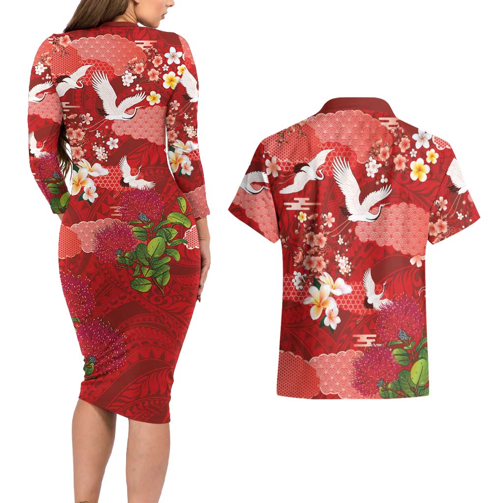 Hawaiian and Japanese Culture Together Couples Matching Long Sleeve Bodycon Dress and Hawaiian Shirt Red Ohia Lehua Plumeria and Sakura Blooming LT03 - Polynesian Pride