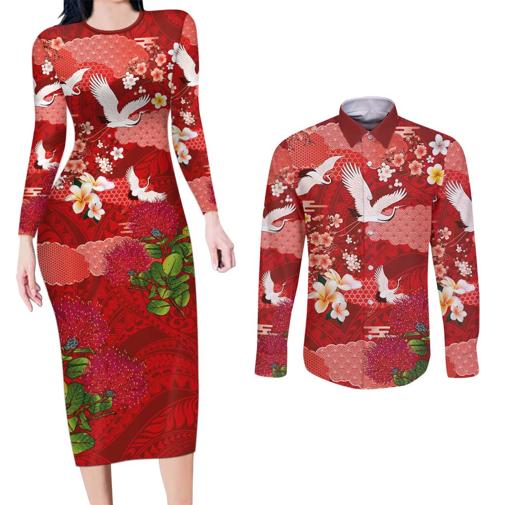 Hawaiian and Japanese Culture Together Couples Matching Long Sleeve Bodycon Dress and Long Sleeve Button Shirt Red Ohia Lehua Plumeria and Sakura Blooming LT03 Red - Polynesian Pride