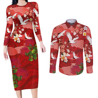 Hawaiian and Japanese Culture Together Couples Matching Long Sleeve Bodycon Dress and Long Sleeve Button Shirt Red Ohia Lehua Plumeria and Sakura Blooming LT03 Red - Polynesian Pride