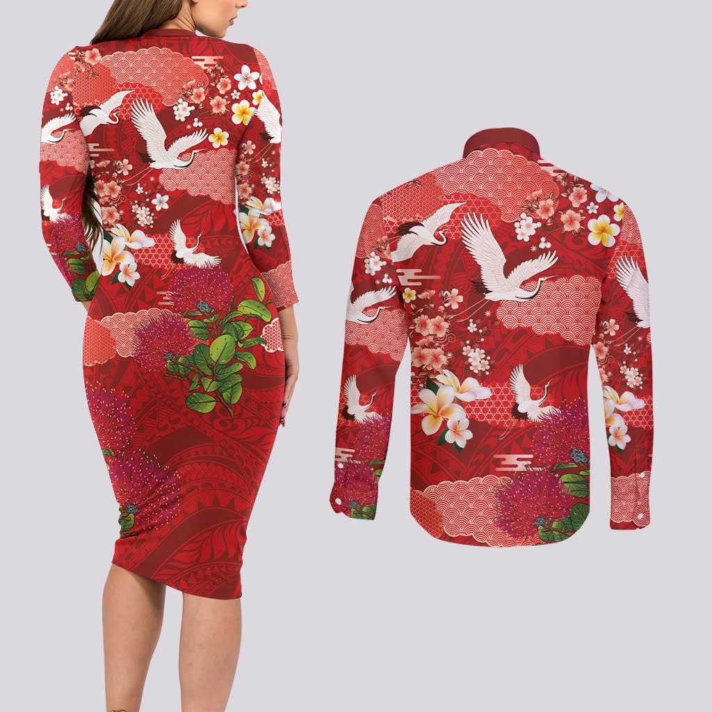 Hawaiian and Japanese Culture Together Couples Matching Long Sleeve Bodycon Dress and Long Sleeve Button Shirt Red Ohia Lehua Plumeria and Sakura Blooming LT03 - Polynesian Pride