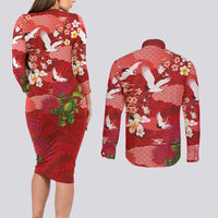 Hawaiian and Japanese Culture Together Couples Matching Long Sleeve Bodycon Dress and Long Sleeve Button Shirt Red Ohia Lehua Plumeria and Sakura Blooming LT03 - Polynesian Pride