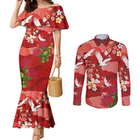 Hawaiian and Japanese Culture Together Couples Matching Mermaid Dress and Long Sleeve Button Shirt Red Ohia Lehua Plumeria and Sakura Blooming LT03 Red - Polynesian Pride