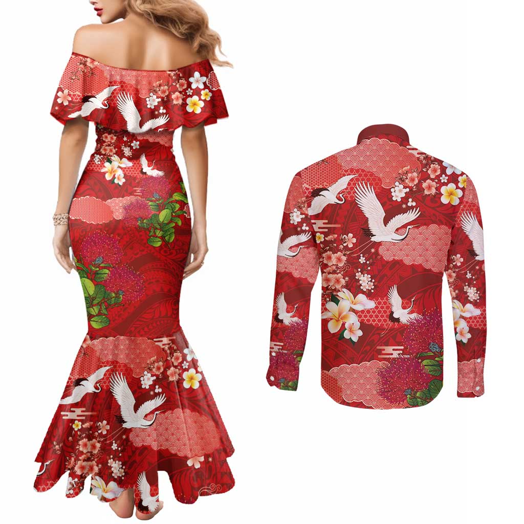 Hawaiian and Japanese Culture Together Couples Matching Mermaid Dress and Long Sleeve Button Shirt Red Ohia Lehua Plumeria and Sakura Blooming LT03 - Polynesian Pride