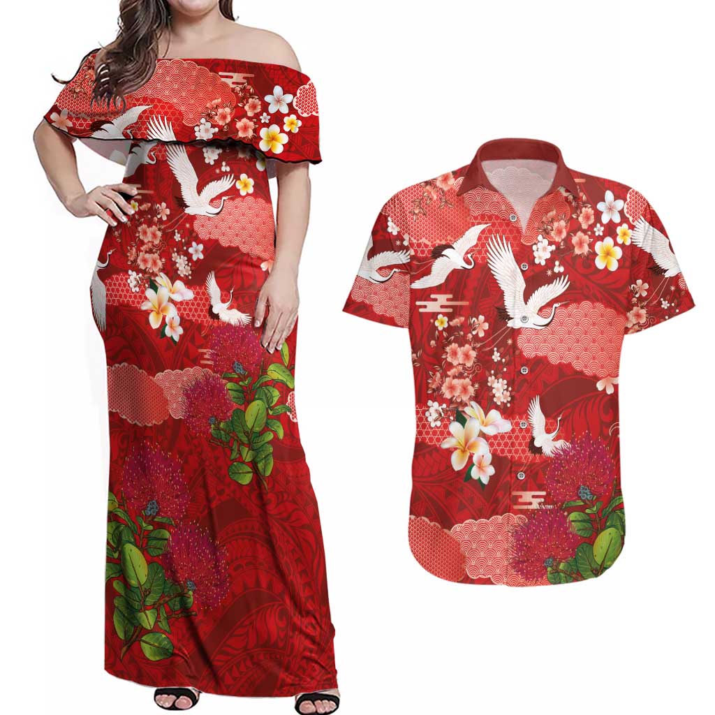 Hawaiian and Japanese Culture Together Couples Matching Off Shoulder Maxi Dress and Hawaiian Shirt Red Ohia Lehua Plumeria and Sakura Blooming LT03 Red - Polynesian Pride