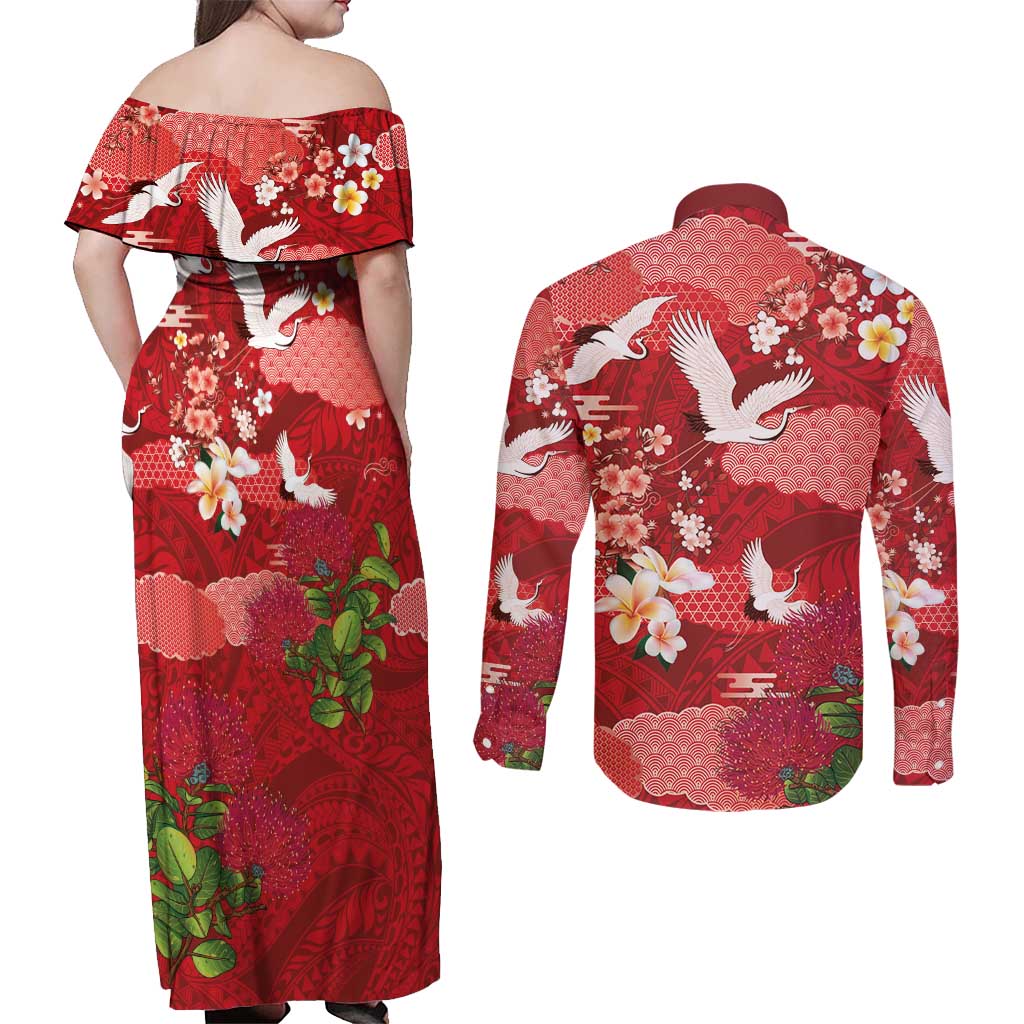 Hawaiian and Japanese Culture Together Couples Matching Off Shoulder Maxi Dress and Long Sleeve Button Shirt Red Ohia Lehua Plumeria and Sakura Blooming LT03 - Polynesian Pride
