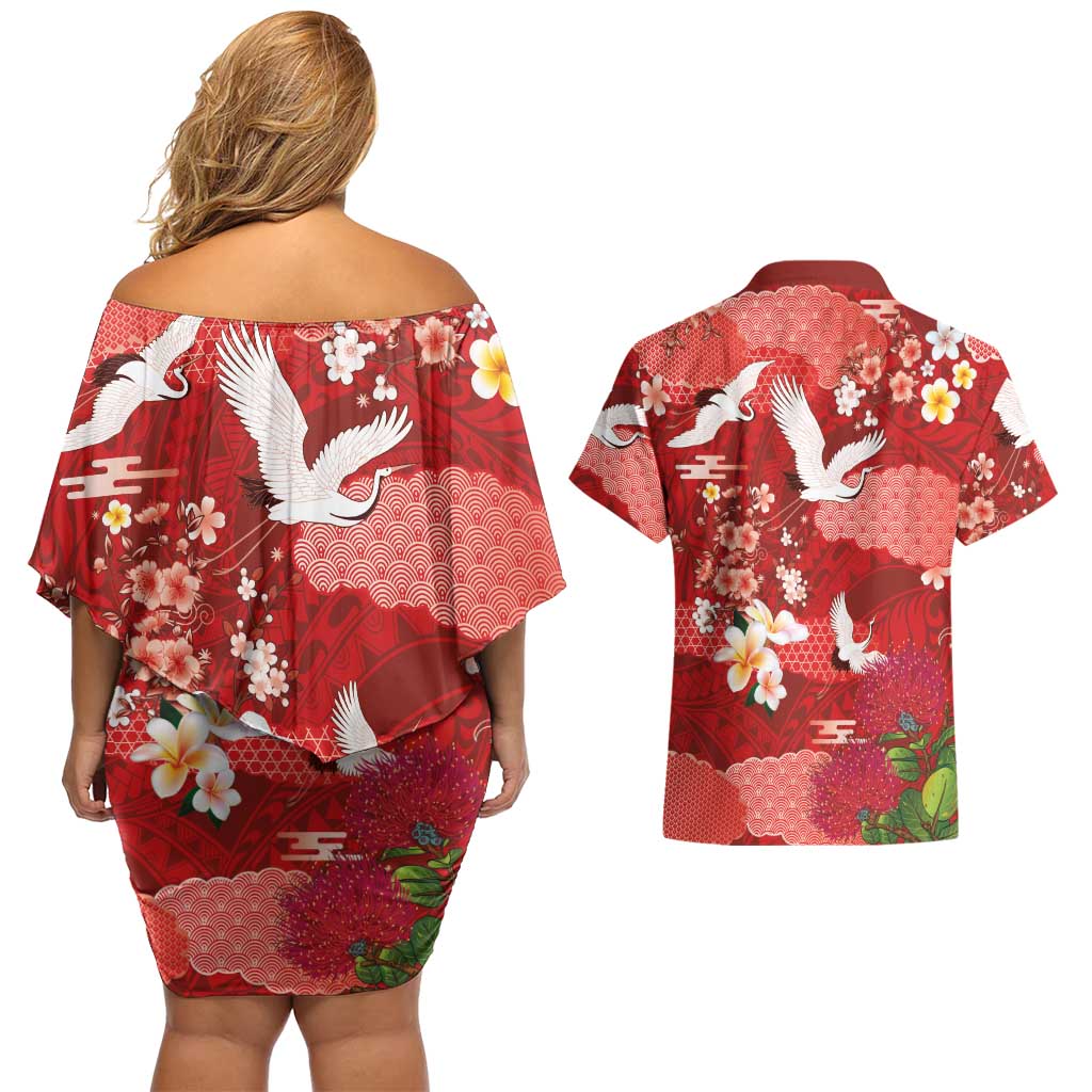 Hawaiian and Japanese Culture Together Couples Matching Off Shoulder Short Dress and Hawaiian Shirt Red Ohia Lehua Plumeria and Sakura Blooming LT03 - Polynesian Pride