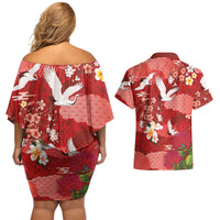 Hawaiian and Japanese Culture Together Couples Matching Off Shoulder Short Dress and Hawaiian Shirt Red Ohia Lehua Plumeria and Sakura Blooming LT03 - Polynesian Pride