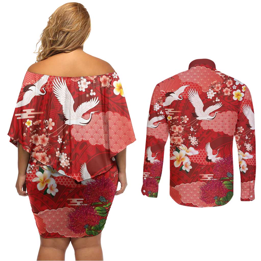 Hawaiian and Japanese Culture Together Couples Matching Off Shoulder Short Dress and Long Sleeve Button Shirt Red Ohia Lehua Plumeria and Sakura Blooming LT03 - Polynesian Pride