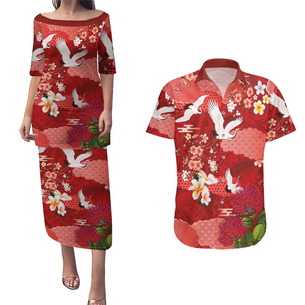 Hawaiian and Japanese Culture Together Couples Matching Puletasi and Hawaiian Shirt Red Ohia Lehua Plumeria and Sakura Blooming LT03 Red - Polynesian Pride