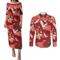 Hawaiian and Japanese Culture Together Couples Matching Puletasi and Long Sleeve Button Shirt Red Ohia Lehua Plumeria and Sakura Blooming LT03 Red - Polynesian Pride