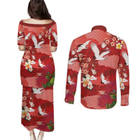 Hawaiian and Japanese Culture Together Couples Matching Puletasi and Long Sleeve Button Shirt Red Ohia Lehua Plumeria and Sakura Blooming LT03 - Polynesian Pride
