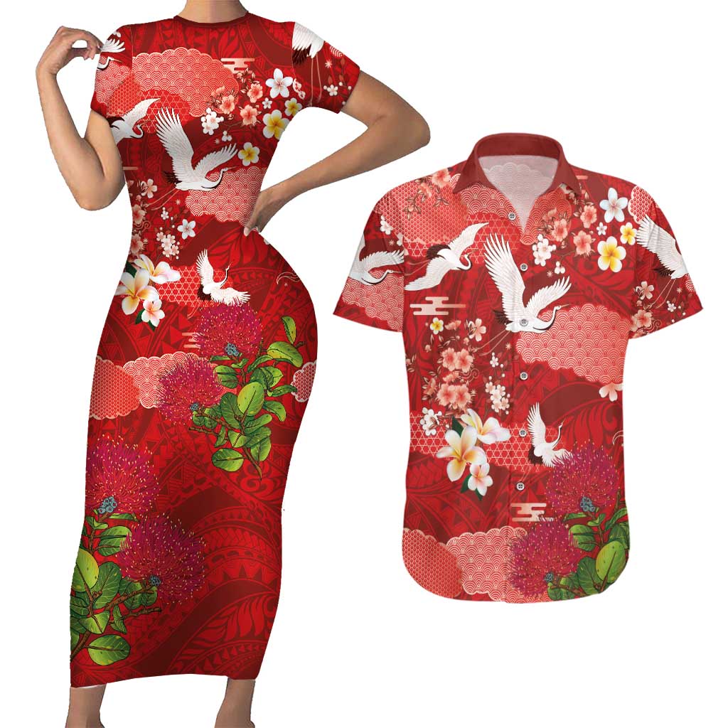 Hawaiian and Japanese Culture Together Couples Matching Short Sleeve Bodycon Dress and Hawaiian Shirt Red Ohia Lehua Plumeria and Sakura Blooming LT03 Red - Polynesian Pride