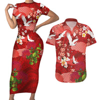 Hawaiian and Japanese Culture Together Couples Matching Short Sleeve Bodycon Dress and Hawaiian Shirt Red Ohia Lehua Plumeria and Sakura Blooming LT03 Red - Polynesian Pride