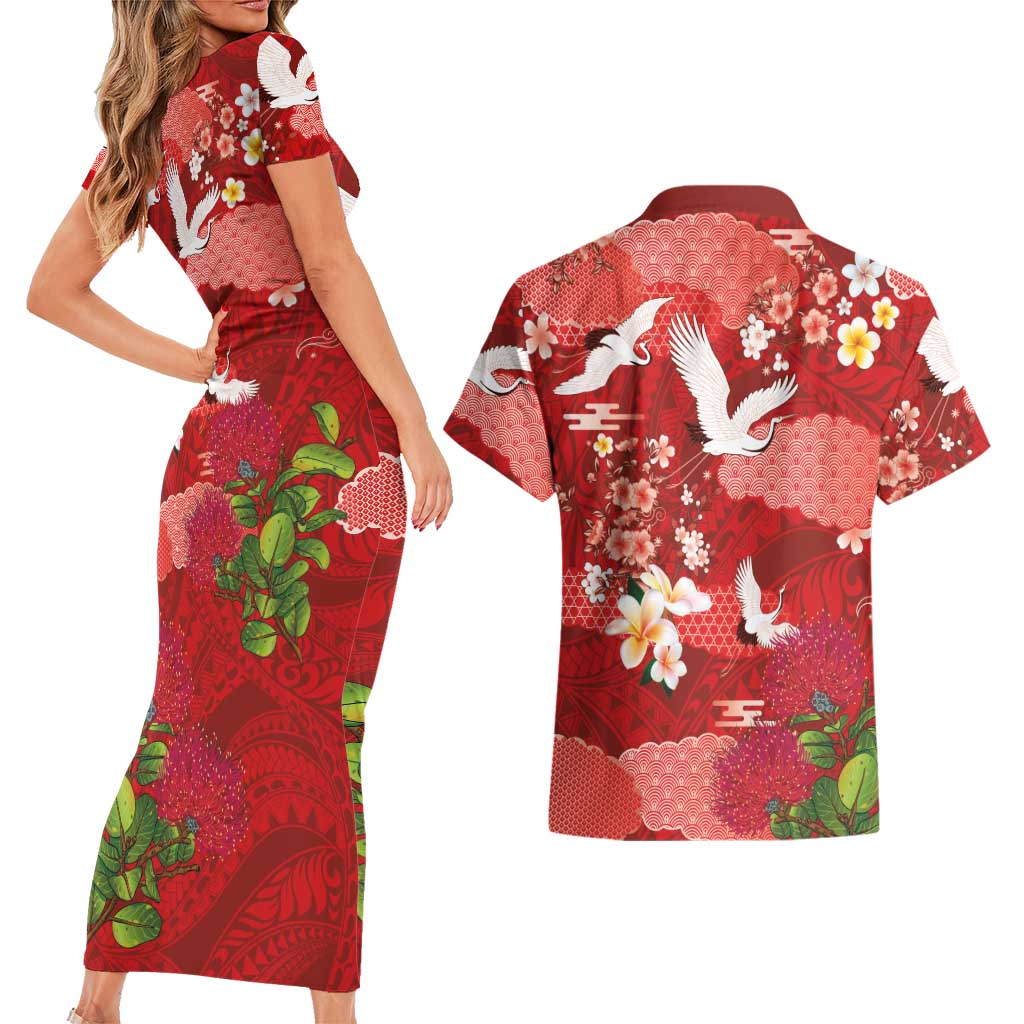 Hawaiian and Japanese Culture Together Couples Matching Short Sleeve Bodycon Dress and Hawaiian Shirt Red Ohia Lehua Plumeria and Sakura Blooming LT03 - Polynesian Pride
