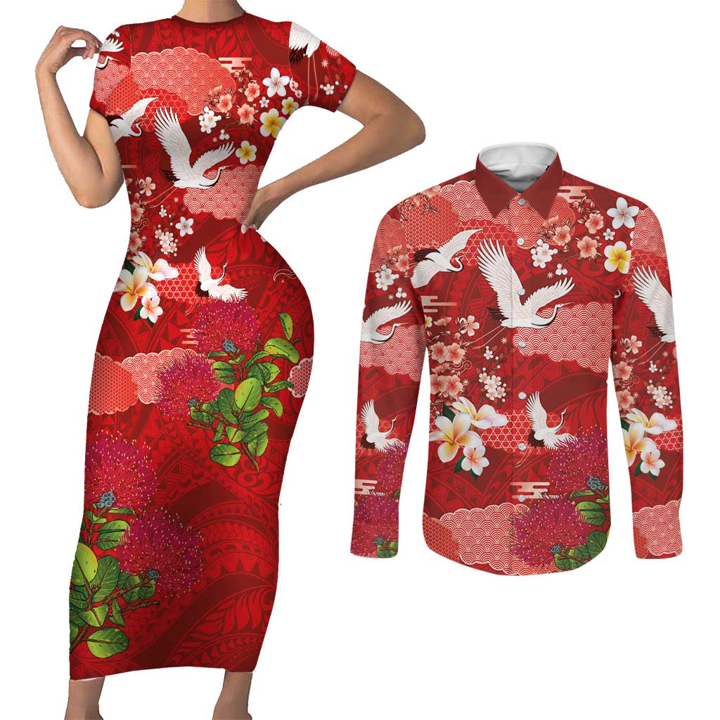 Hawaiian and Japanese Culture Together Couples Matching Short Sleeve Bodycon Dress and Long Sleeve Button Shirt Red Ohia Lehua Plumeria and Sakura Blooming LT03 Red - Polynesian Pride