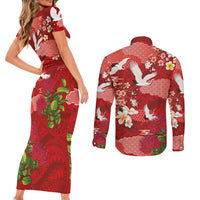 Hawaiian and Japanese Culture Together Couples Matching Short Sleeve Bodycon Dress and Long Sleeve Button Shirt Red Ohia Lehua Plumeria and Sakura Blooming LT03 - Polynesian Pride