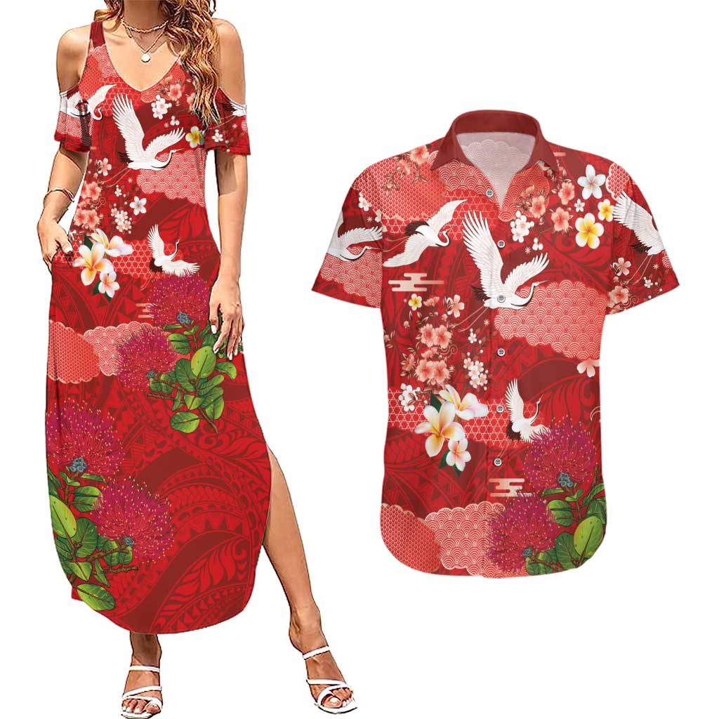 Hawaiian and Japanese Culture Together Couples Matching Summer Maxi Dress and Hawaiian Shirt Red Ohia Lehua Plumeria and Sakura Blooming LT03 Red - Polynesian Pride