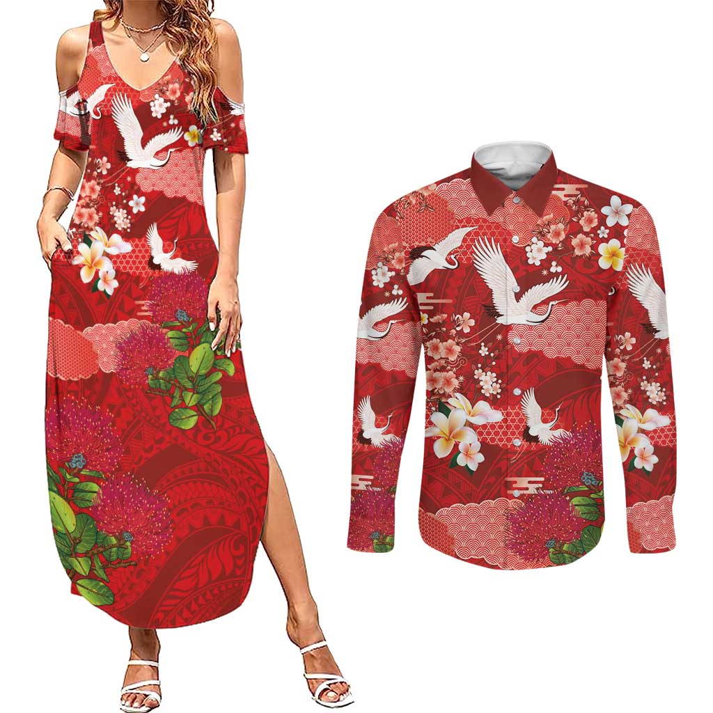 Hawaiian and Japanese Culture Together Couples Matching Summer Maxi Dress and Long Sleeve Button Shirt Red Ohia Lehua Plumeria and Sakura Blooming - Polynesian Pride