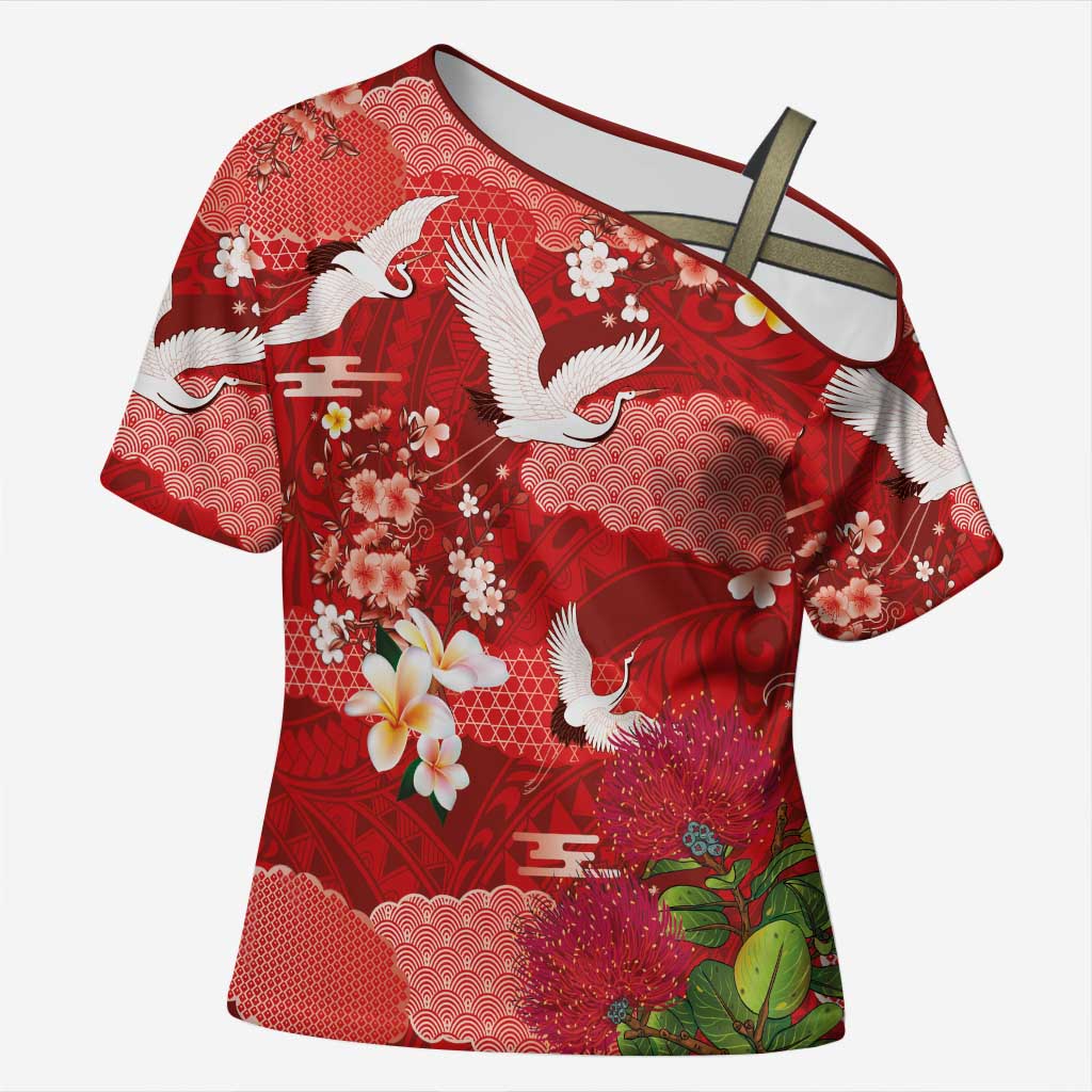 Hawaiian and Japanese Culture Together Cross Shoulder Shirt Red Ohia Lehua Plumeria and Sakura Blooming - Polynesian Pride