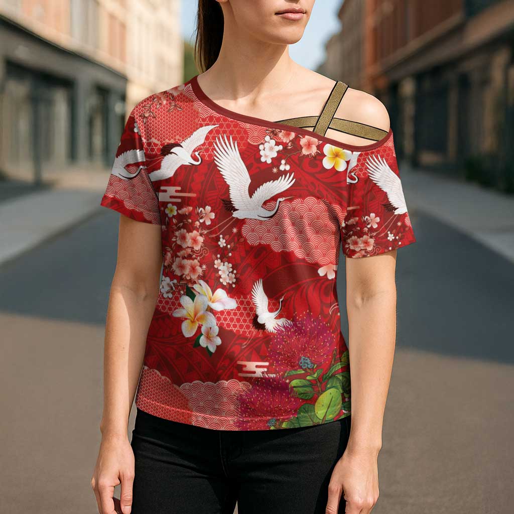 Hawaiian and Japanese Culture Together Cross Shoulder Shirt Red Ohia Lehua Plumeria and Sakura Blooming LT03 - Polynesian Pride